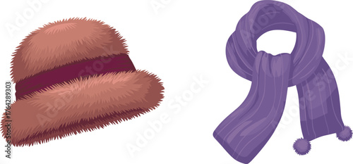 Winter fur hat and striped scarf, cozy seasonal fashion accessories, warm clothing design, cad drawing flat vector illustration, textile elements