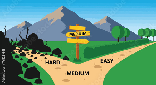 Choosing your path easy medium hard decision making illustration
