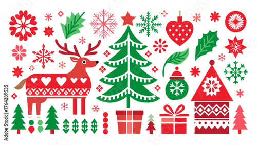 Nordic Christmas Vector Motifs Transparent PNG Elements Pack Isolated on White Background – Scandinavian Holiday Pattern, Folk Art, and Winter Design Collection