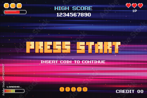 PRESS START. Retro Futurism Sci-Fi Background. glowing neon grid. and stars from vintage arcade computer games