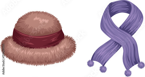 Winter hat, pom pom scarf, fuzzy texture, warm accessories, cold weather clothing, children’s fashion, cad drawing flat vector illustration