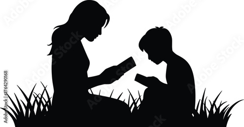 Silhouette illustration of adult and child reading books outdoors, family education concept, parent teaching child, learning together, literature, storytelling, knowledge, study, grass background