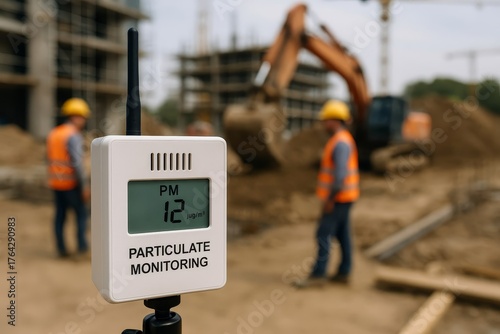 Construction site air quality monitored by a white particulate monitoring device. Workers and heavy machinery are blurred in the background.
