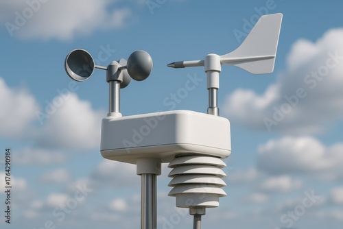 Modern weather station against a bright, cloudy blue sky. Devices measure wind speed, direction, and temperature accurately.