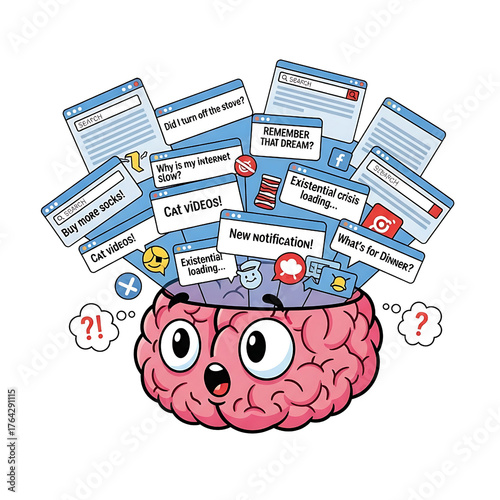 Brain overloaded with information illustration of a brain with browser windows, confusion, and stress