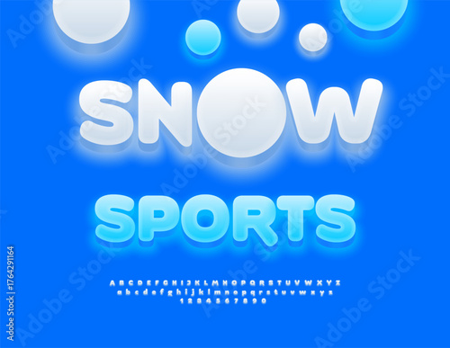 Vector Joyful banner Snow Sports with Decorative Snowball. Glowing White Font. Cute Round Alphabet Letters and Numbers set.