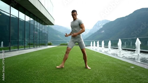 Focused Man Practicing Tai Chi Outdoors on Green Grass with Mountain View and Fountains Promoting Tranquility Balance and Well Being for Spiritual Theme and Meditation Calm Ambience