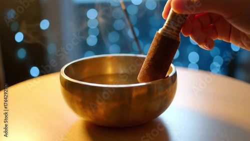 Golden Singing Bowl Filled with Water and Incense Stick Creating Smoke against Bokeh Lights for Meditation Relaxation and Spiritual Practice Ambiance in Ambient Lighting Focus