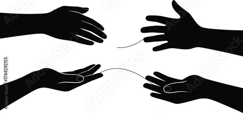 Silhouette hands connection unity, teamwork partnership support, abstract communication gesture, human interaction reaching touch, symbolic cooperation illustration