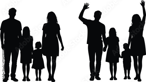 Family silhouette illustration, parents with children, waving gesture, black figures on white background, concept of unity, togetherness, parenting, social bond, lifestyle design, community support