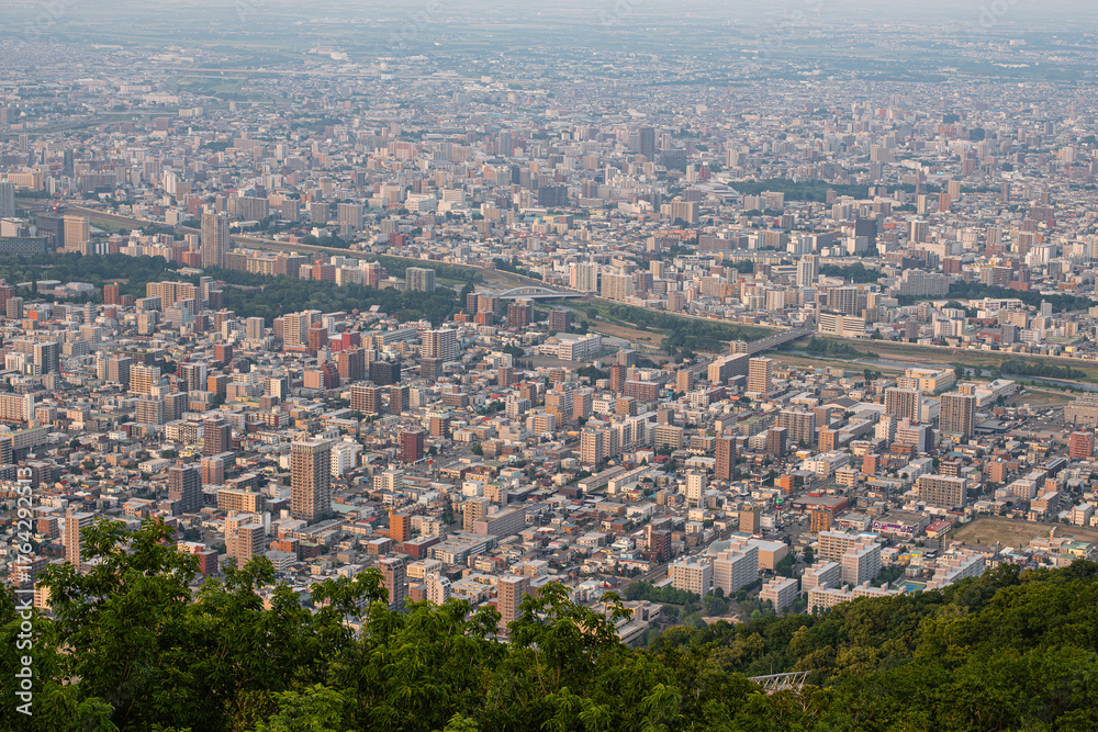 Fototapeta premium Panoramic view from Moiwa mountain, Aerial view of dense urban cityscape with buildings and greenery at Sapporo, Hokkaido, Japan
