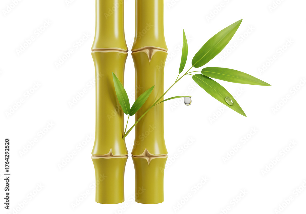 Fototapeta premium Isolated pair of bamboo canes with fresh green leaves and water droplets close up