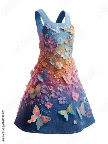 Colorful, floral,  and butterfly-embellished dress