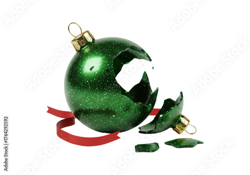 Isolated broken green Christmas ornament with sparkling glitter and a flowing red ribbon shattered festive holiday decoration for winter season celebration