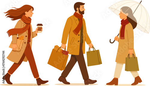 Flat vector illustration of three people walking outdoors in autumn clothes. A woman with coffee, a man with shopping bags, and a woman with umbrella. Perfect for lifestyle or seasonal design.