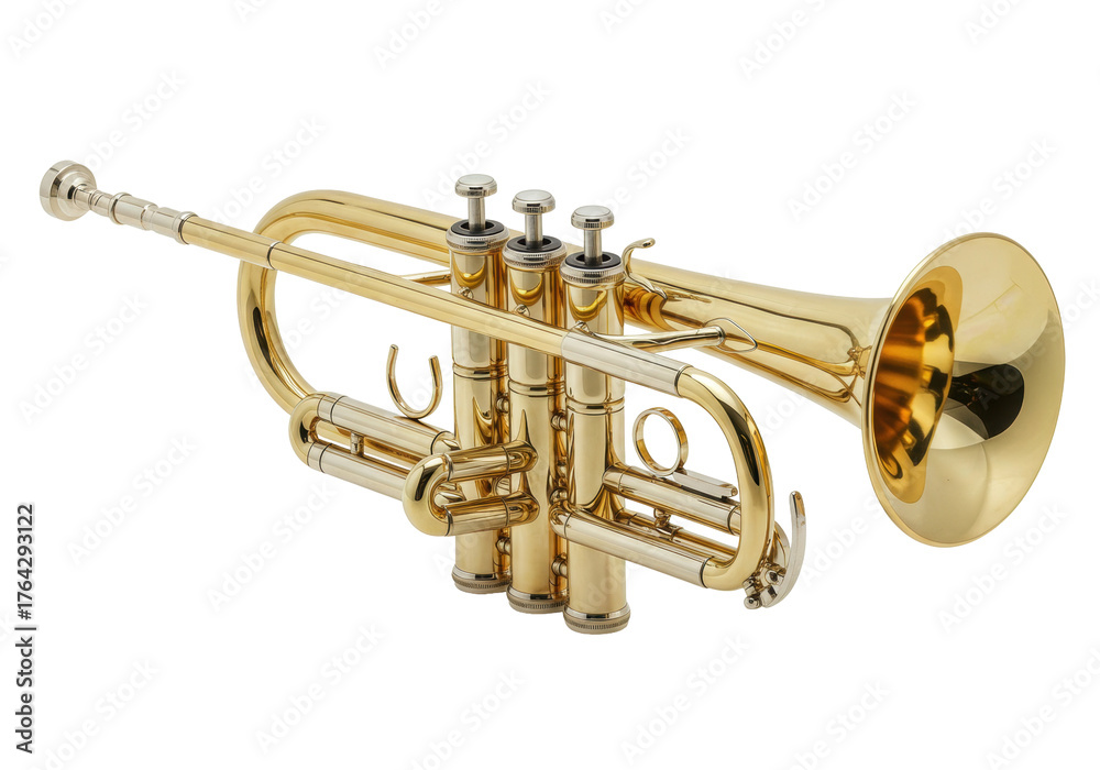 Obraz premium Golden trumpet PNG isolated on transparent background for music instrument design projects Brass wind instrument
