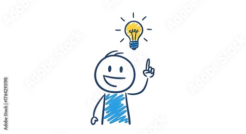 Hand drawn stick figure character pointing to a glowing lightbulb idea.
