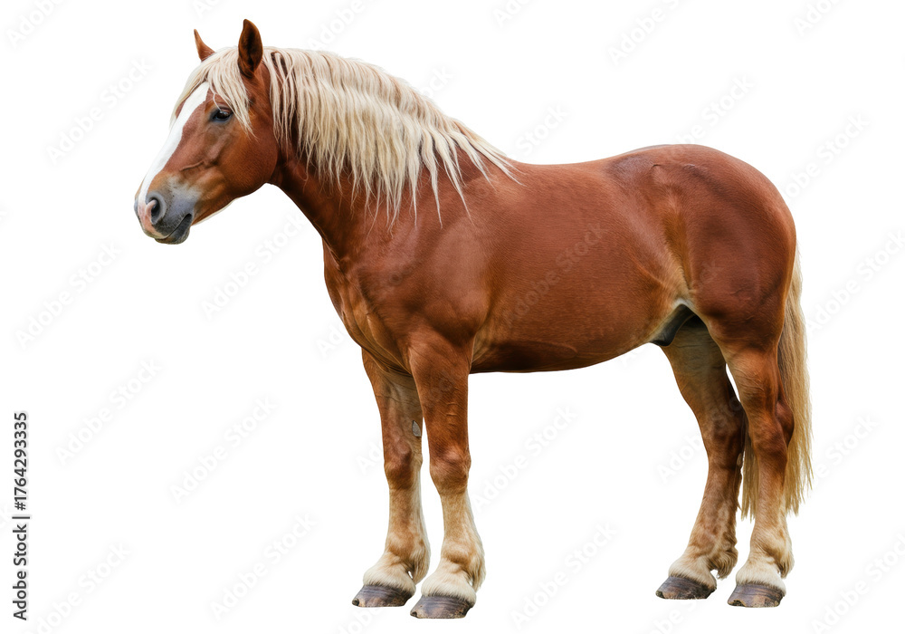 Fototapeta premium Isolated Chestnut Draft Horse with Blonde Mane in Full Body Side View Portrait Stable