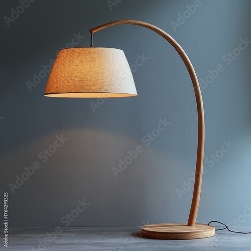 Modern wooden arc floor lamp featuring a beige shade. 