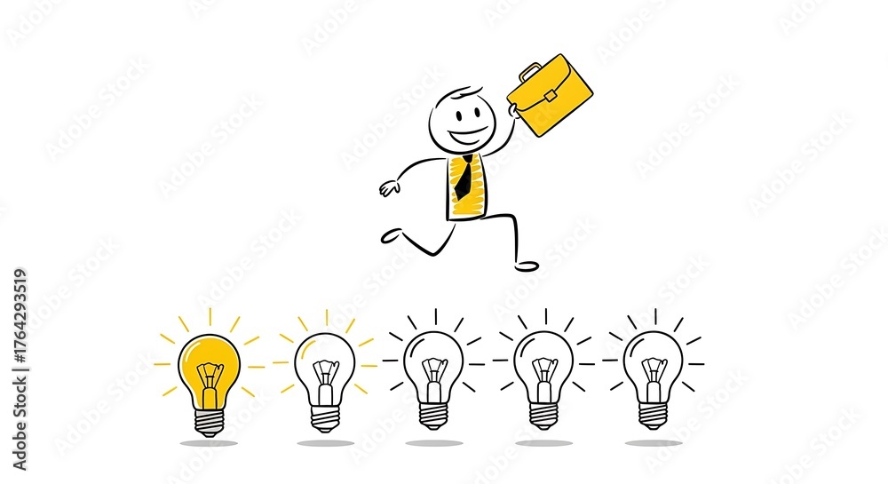 Fototapeta premium Stickman businessman with briefcase running above row of lightbulbs, one illuminated, representing new ideas and success.