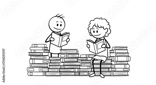 Two cartoon figures reading books on top of a stack of books.