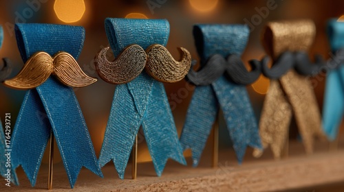 A row of blue and gold ribbons decorated with metallic mustache pins, festive bokeh background, symbolizing movember, awareness and support for men’s health
