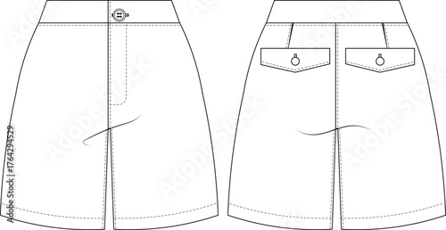 with welt pockets mid rise waist darted tailored short template technical drawing flat sketch cad mockup fashion woman design style model 
