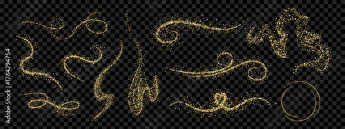 Sparkling gold dust design element set. Decorative glitter trails for elegant designs and celebrations.