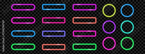 Neon glow button set with various shapes and colors. Vector elements for web and mobile.