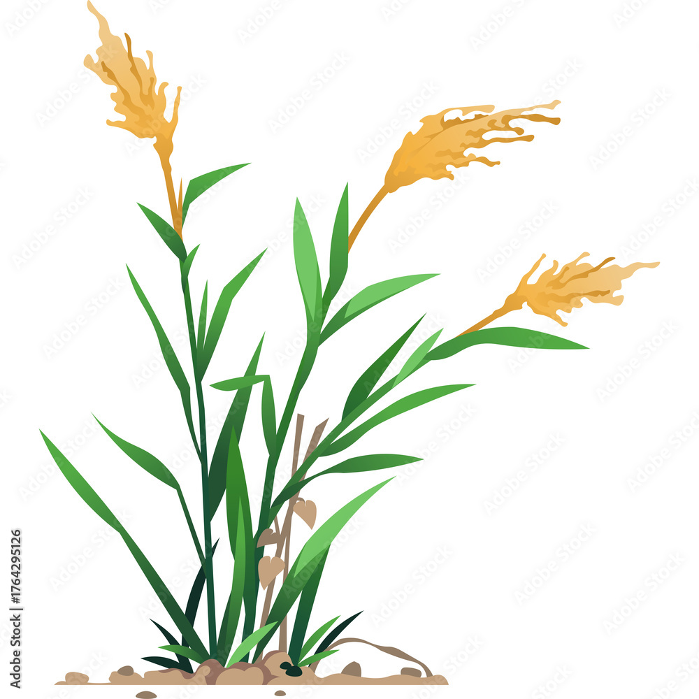 Obraz premium Pixel Art Reed Plant with Yellow Plumes and Green Leaves on White Background