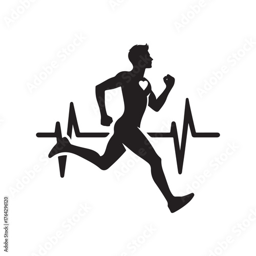 heartbeat line morphing into runner vector silhouette clip art logo design illustration