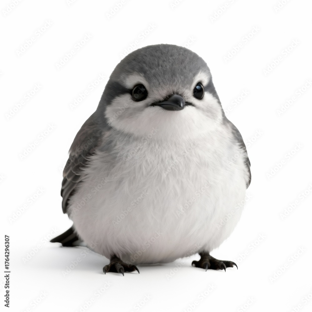Fototapeta premium Adorable fluffy baby songbird sitting on a clean white background, round shape and soft feathers, closeup view highlighting natural texture and tiny details, minimalistic composition with open space, 