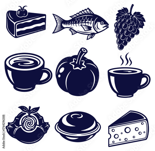Collection of vector illustrations featuring food and drink icons in a simple monochrome style