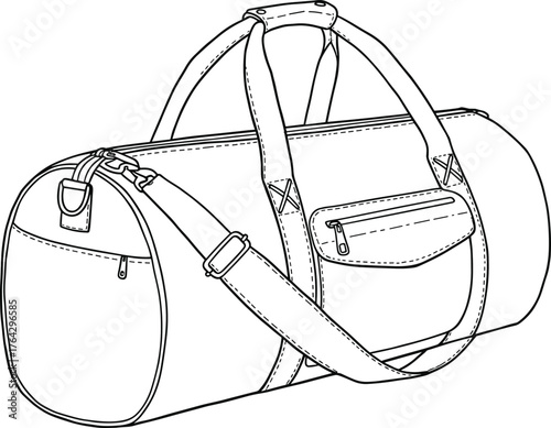 Duffel bag design, travel gym bag, shoulder strap luggage, fashion accessory, detailed sewing sketch, CAD drawing flat vector illustration, outline style
