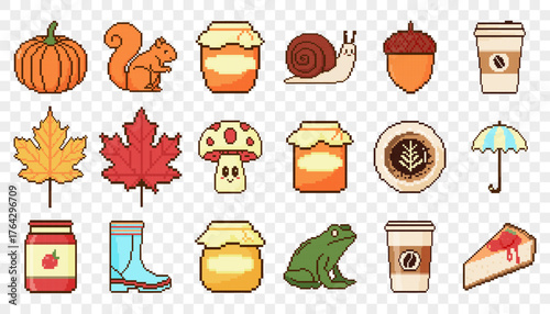 Autumn icon set. Pixel art objects in 8 bit style. Pumpkin, squirrel, jam, mushroom, umbrella