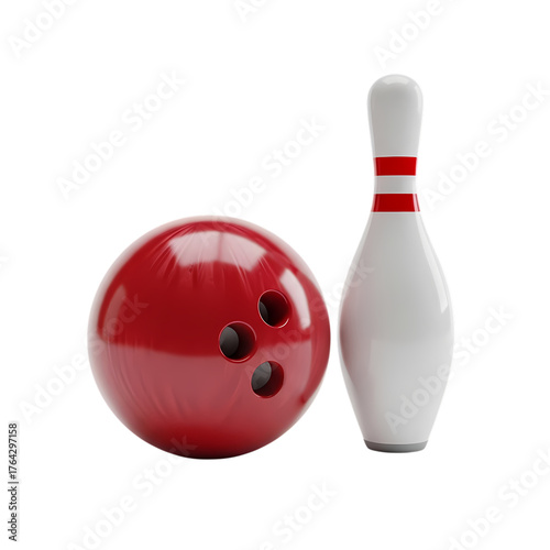 Striking red bowling ball and pin ready for game