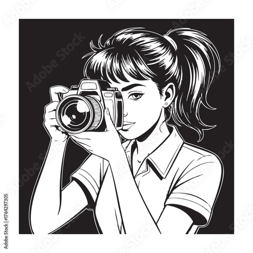 Woman with ponytail holding vintage camera looking through viewfinder black and white