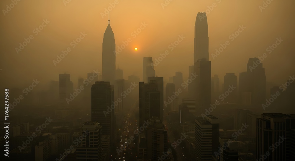 Fototapeta premium Smoky orange sky engulfs a metropolitan city skyline during sunset.