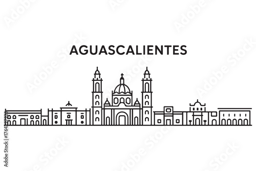 Aguascalientes Line Art skyline horizontal banner. Aguascalientes, Mexico. Vector template for your design. with white background