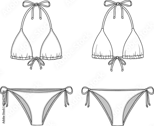 Women bikini swimsuit front and back view with tie strings and triangle top, beachwear fashion design, cad drawing flat vector illustration