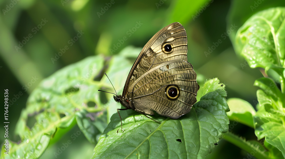 Fototapeta premium Butterfly perched on green leaf