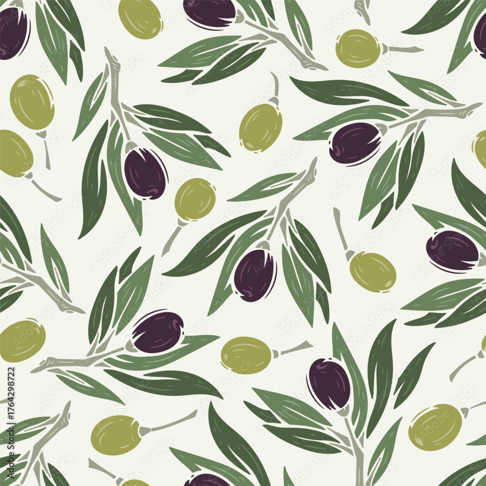 Naklejka premium Olive Seamless Pattern with Leaves and Berries, Branches with Green and Purple Olives, Botanical Floral Background, Vector Illustration