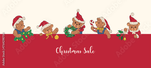 Christmas Sale Horizontal Banner with Cute Teddy Bears. Vector Illustration