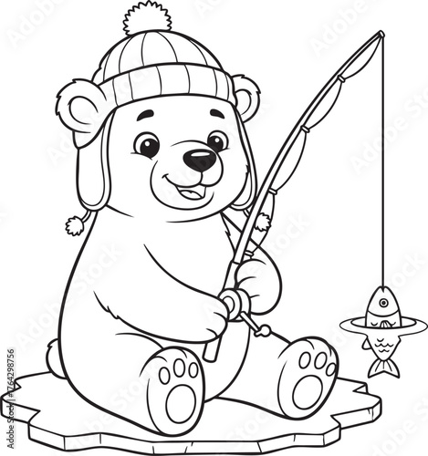 Cute Cartoon Polar Bear Ice Fishing Coloring Page