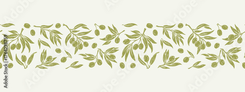 Vector Green Olive Seamless Horizontal Border Pattern with Leaves and Berries, Branches withOlives. Botanical Floral Packaging Tape