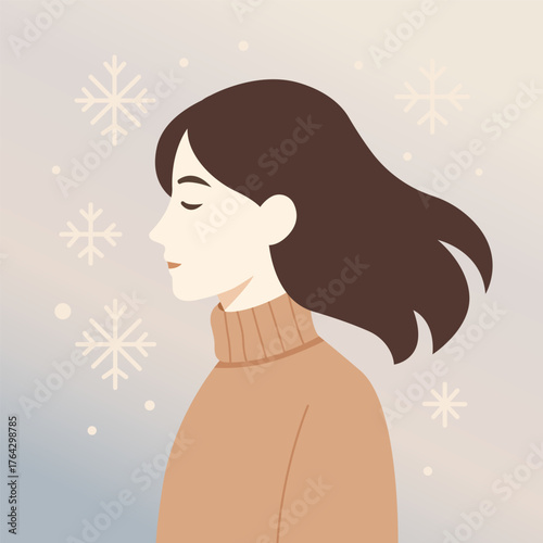Flat vector portrait of a young woman with flowing hair wearing a warm sweater. Minimal winter background with snowflakes. Perfect for seasonal design, fashion, or lifestyle concepts.