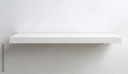 Plain white shelf mounted on a blank, white wall, minimalist style