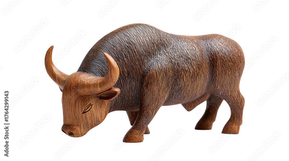 Fototapeta premium A wooden buffalo figurine with a detailed texture, displayed on a white isolated background.