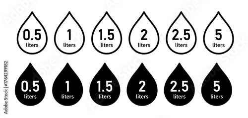 Water capacity icons set. Liquid volume symbol from 0.5 to 5.0 liters. Water drop line icon. Fluid volume. L sign. Scale for liquid or ingredient. Vector illustration isolated on white background.