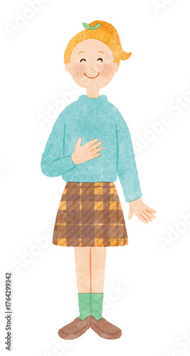 笑顔のポニーテールの女の子　かわいい水彩風イラスト